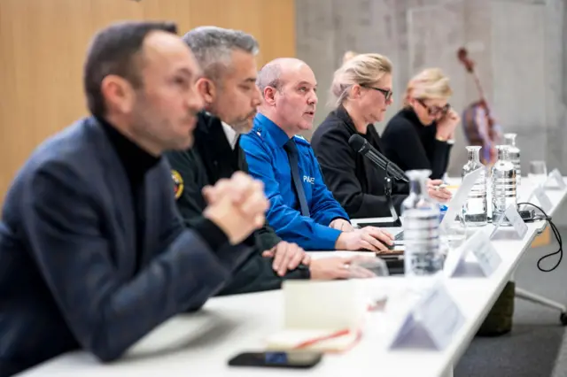 (L-R) Mathias Reynard, state councillor and president of the Council of State of the Canton of Valais; Stephane Ganzer, state councillor and head of the Department of Security, Institutions and Sport of the Canton of Valais; Frederic Gisler, commander of the Valais Cantonal Police; Beatrice Pilloud; attorney general of the Canton of Valais; and Nicole Bonvin-Clivaz, vice-president of the Municipal Council of Crans-Montana