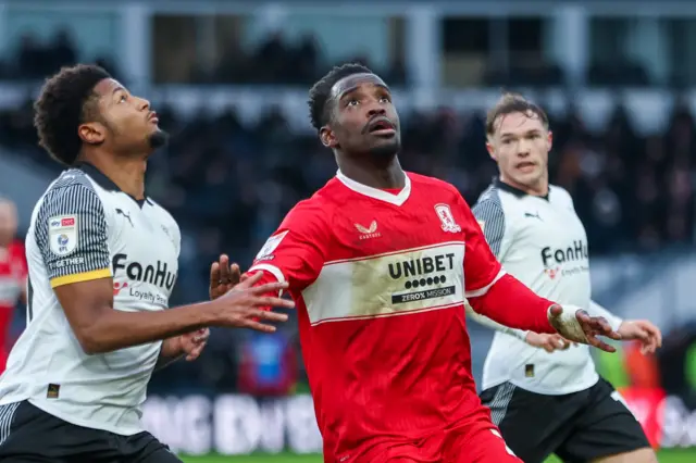 Alex Bangura of Middlesbrough FC watches the ball as Rhian Brewster of Derby County