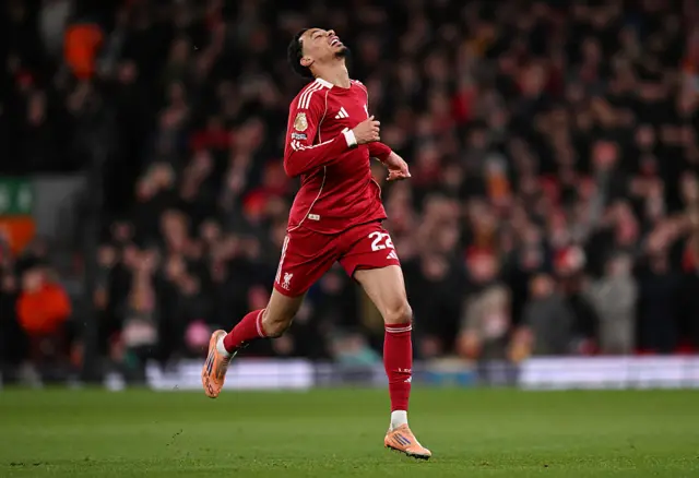 Hugo Ekitike of Liverpool runs off the ball during the Premier League match between Liverpool and Leeds United at Anfield on January 01, 2026 in Liverpool, England.