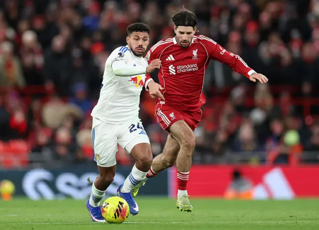 James Justin of Leeds United runs with the ball