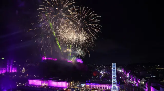 Fireworks light up the sky above Edinburgh Castle.