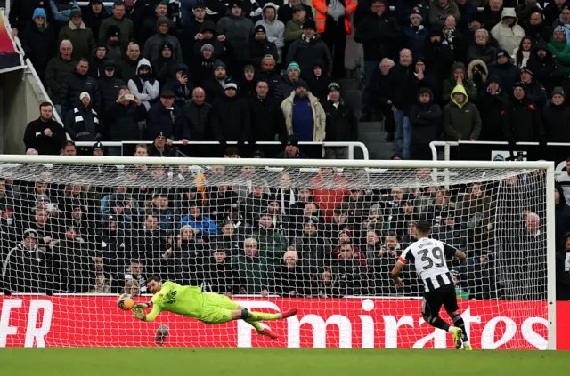Bruno Guimaraes watches his shot saved