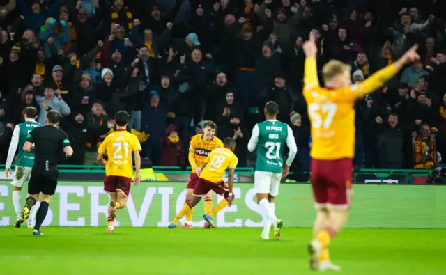 Motherwell celebrate the opening goal at Easter Road