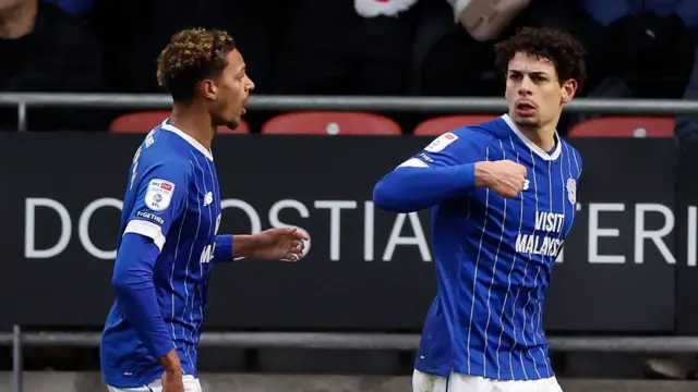 Yousef Salech celebrates equalising for Cardiff at Leyton Orient