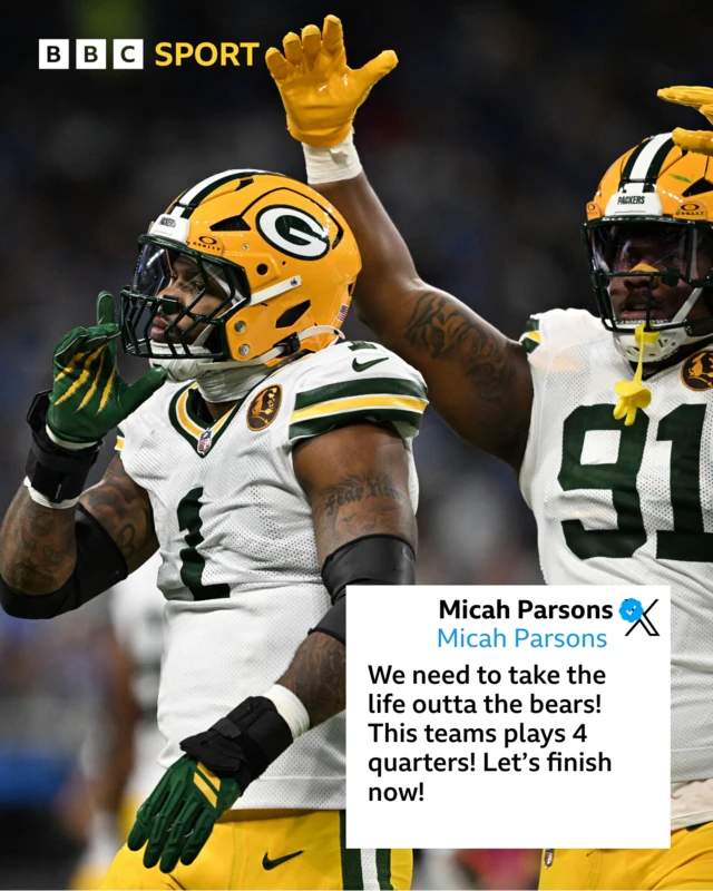 Image of Green Bay's Micah Parsons featuring graphic of tweet about Chicago Bears game