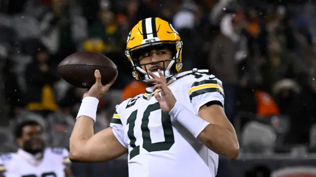 Green Bay Packers quarterback Jordan Love warms up before facing the Chicago Bears in the 2025 NFL play-offs
