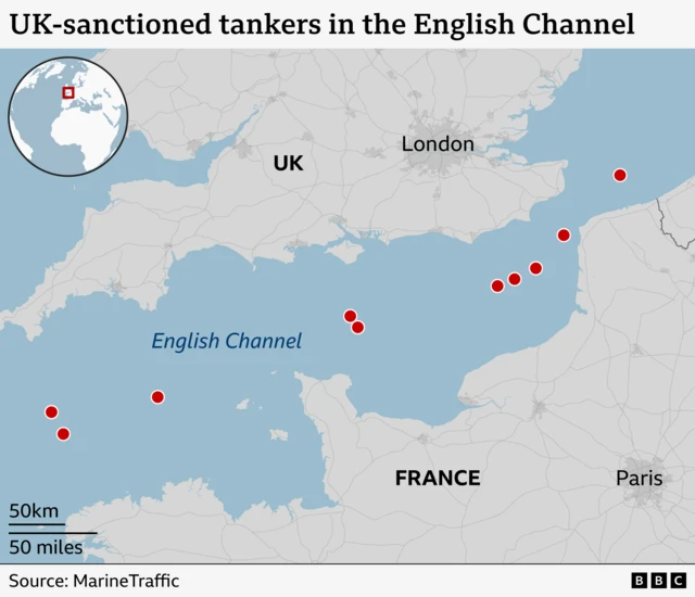 A map of the English channel with locations of 10 tankers marked. they stretch from south of Cornwall to east of Kent.
