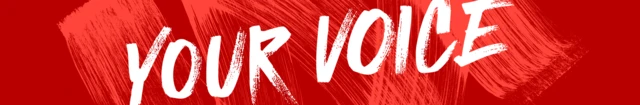 Your Voice written in white with a red background