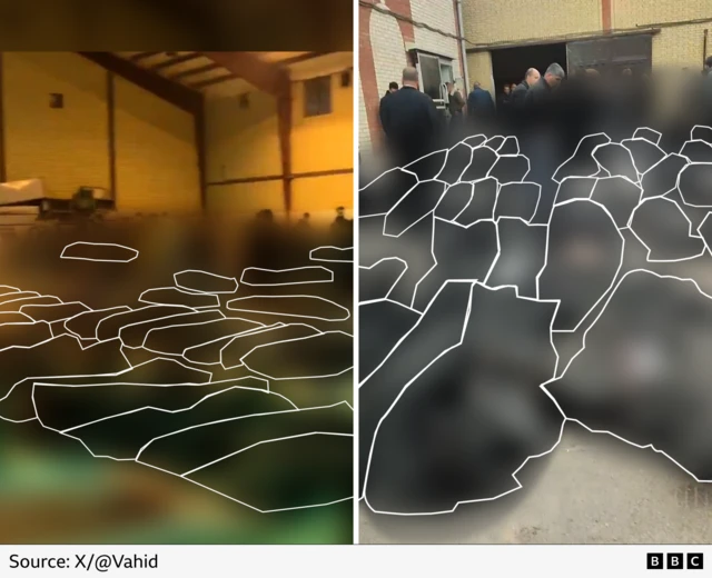 A side-by-side image of two video screenshots from inside a morgue, which have been blurred. They show dozens of body bags outlined in white.