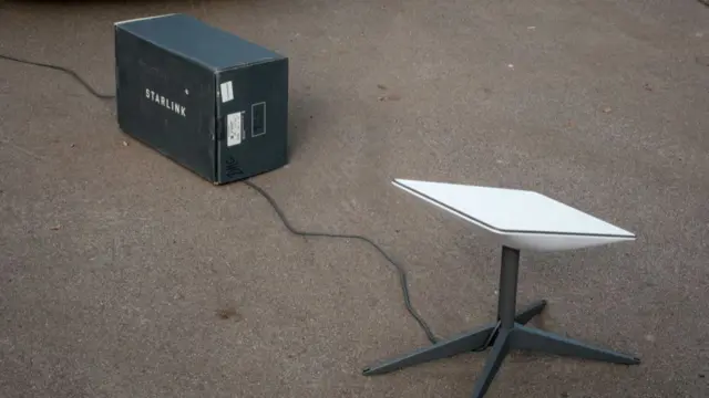 A Starlink satellite terminal on concrete