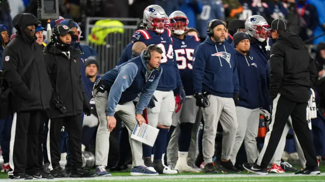 New England Patriots head coach Mike Vrabel watches a play during the 2025 NFL play-off game against the Los Angeles Chargers