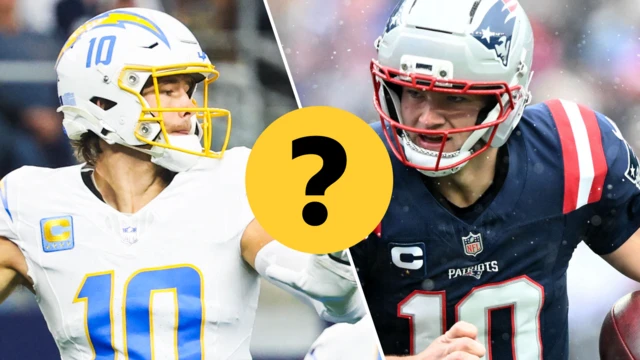 Justin Herbert and Drake Maye with question mark graphic