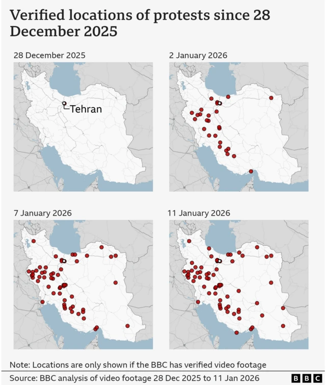 Graphic with four panel maps showing the locations in Iran where the BBC has verified protest video footage. Each panel shows the cumulative number of unique locations to that date. The four dates are: 28 December 2025 when only one red location dot shows on Tehran city; 2 January 2026 when locations have multiplied predominantly in western cities; 7 January more dots appear in the north and eastern provinces; and 11 January with more dots in the central provinces