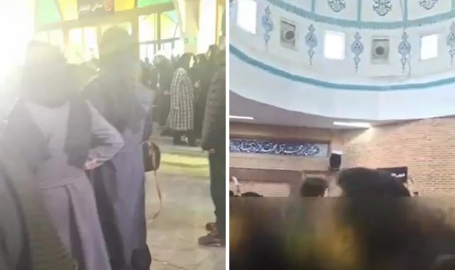 Left image shows people gathered at Behesht-Zahra Mortuary in Tehran, right image shows dome inside Mortuary