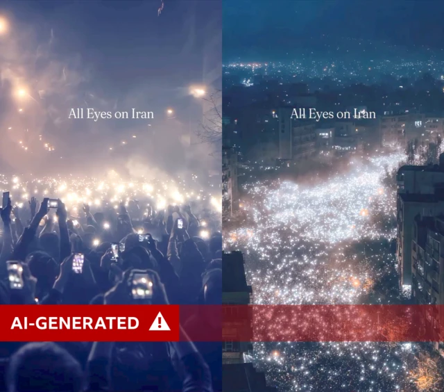 A composite image showing two screengrabs from an AI-generated video posted to Instagram. The screengrabs show masses of people with phone torches lighting up the crowd, and the words 'All Eyes on Iran'.