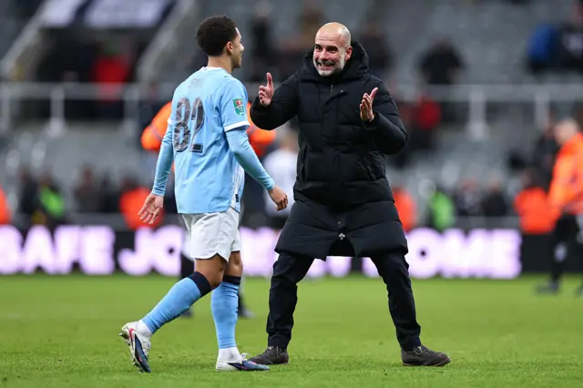 Pep Guardiola Manager / Head Coach of Manchester City celebrates