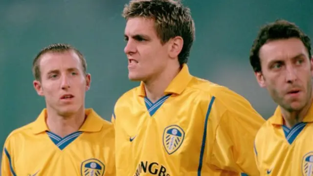 Lee Bowyer, Jonathan Woodgate and Jason Wilcox of Leeds United in action during the UEFA Champions League match against Lazio
