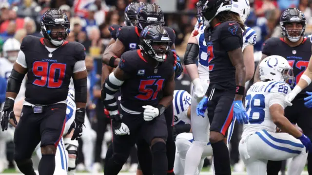 Houston Texans defensive end Will Anderson Jr celebrates after a defensive play against the Indianapolis Colts