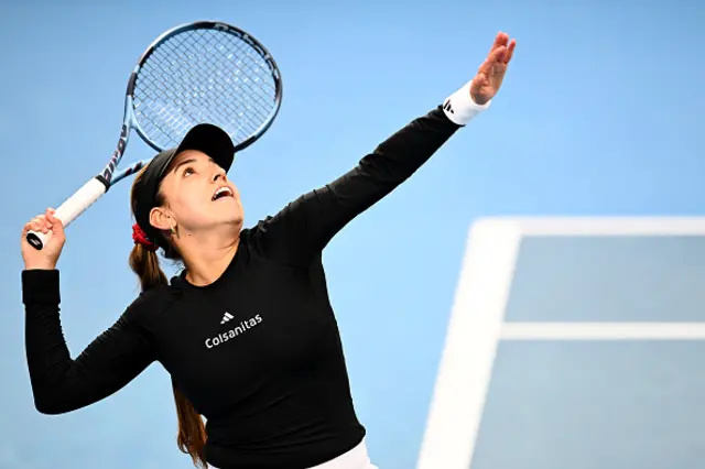 Camila Osorio of Colombia serves in the match against Emma Raducanu