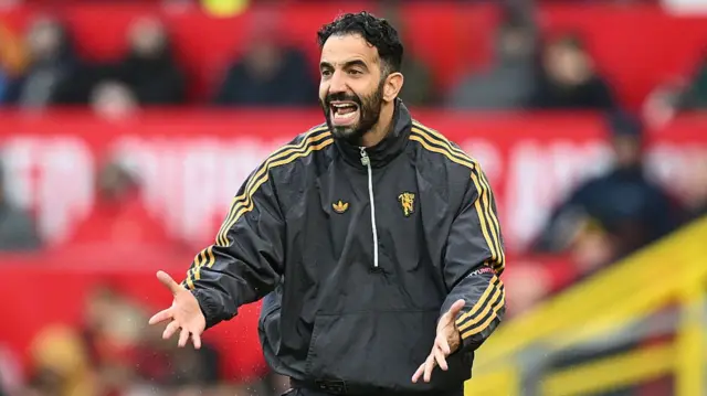 Ruben Amorim, Manager of Manchester United, reacts