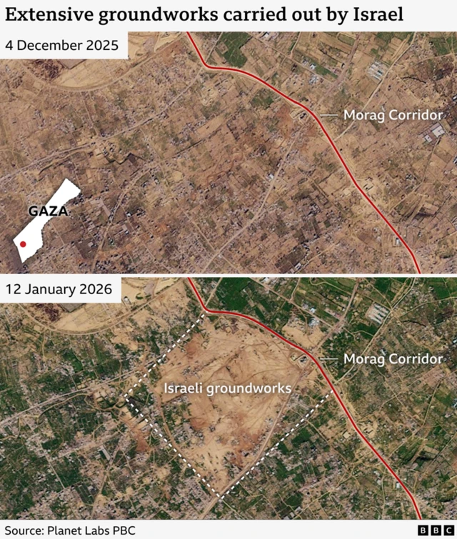 Side-by-side image of satellite images, one from 4 December 2025 shows a large area of Rafah with lots of rubble and former agricultural land the second from 12 January shows a lot of that has been cleared and bare earth left behind