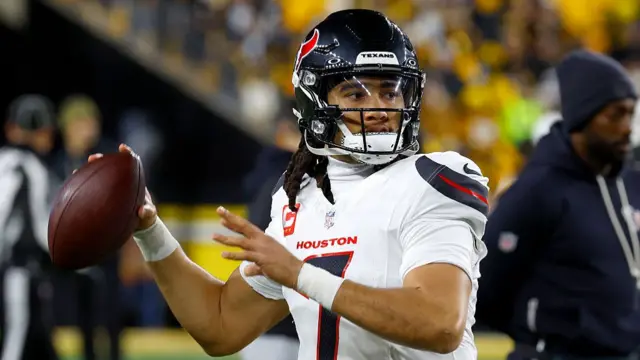 CJ Stroud of the Houston Texans warms up before playing the Pittsburgh Steelers