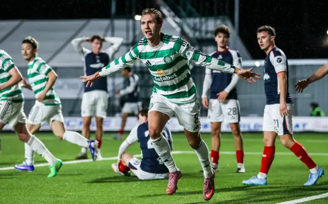 Celtic's Benjamin Nygren celebrates scoring to make it 1-0 during a William Hill Premiership match between Falkirk and Celtic at The Falkirk Stadium,