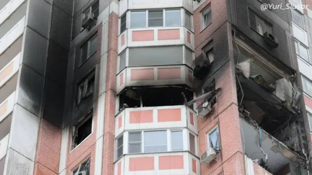 Extensive smoke and fire damage can be seen in this picture showing the upper storeys of the block in Rostov