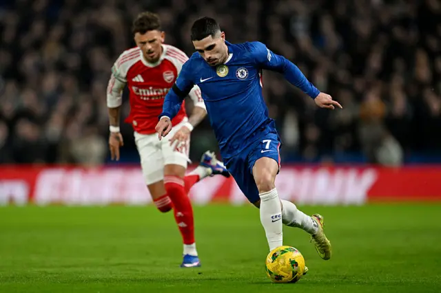 Pedro Neto of Chelsea on the ball whilst under pressure from Ben White