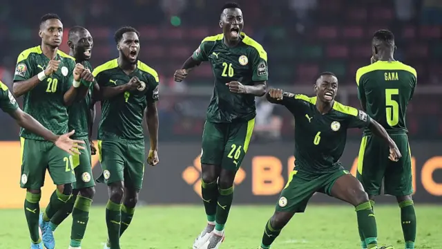 Senegal celebrate during the 2022 Afcon final penalty shootout
