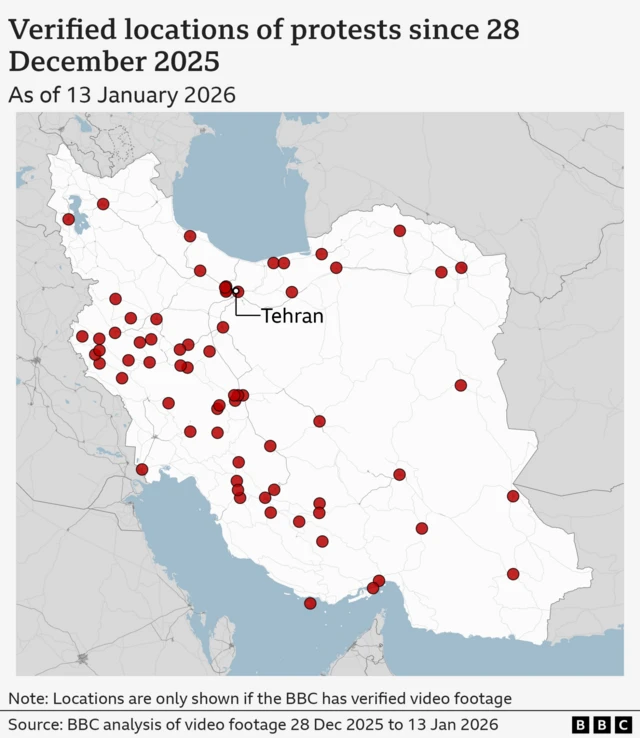 A map of Iran has 68 red dots with locations of protests across the country, from video footage analysed by the BBC from 28 December 2025 to 13 January 2026. The capital Tehran is annotated. There is at least one dot in 28 out of Iran’s 31 provinces.