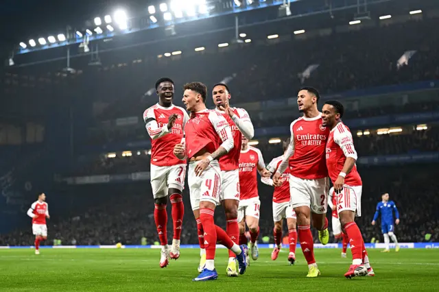 Ben White of Arsenal celebrates scoring his team's first goal.