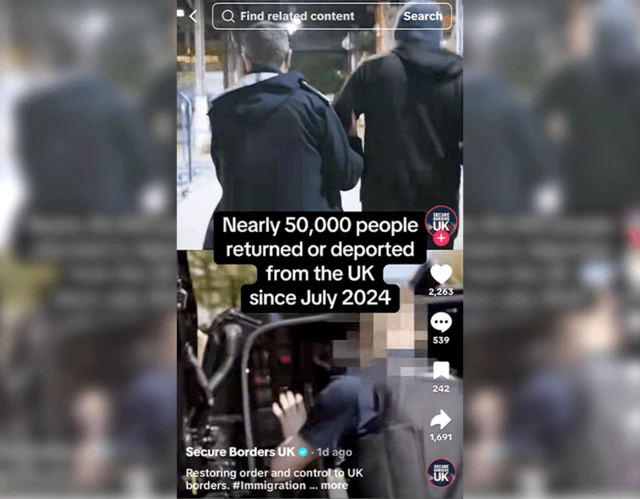 A screen grab from the UK Home Office's TikTok video where it makes the claim "nearly 50,000 people returned or deported since July 2024"