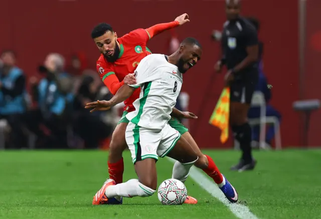 Nigeria's Frank Onyeka in action with Morocco's Noussair Mazraoui