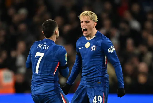 Chelsea's Alejandro Garnacho celebrates scoring their first goal with Pedro Neto