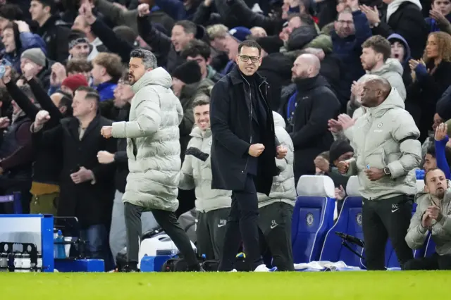 Chelsea manager Liam Rosenior celebrates after Alejandro Garnacho scores their side's second goal