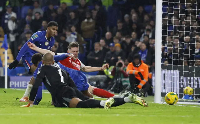 Arsenal's Viktor Gyokeres scores their second goal past Chelsea's Robert Sanchez