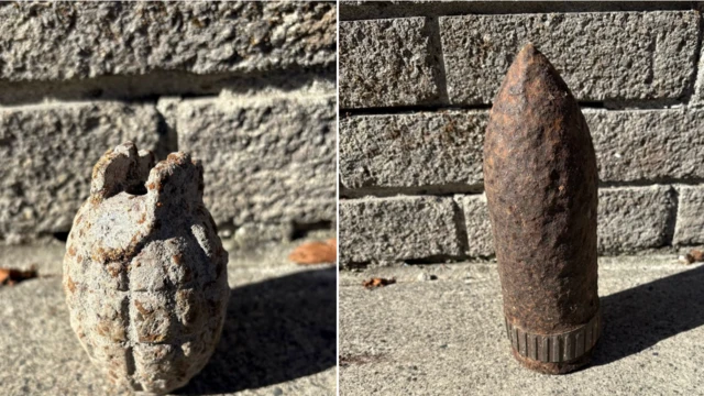 Close up pictures of the grenade and the bomb