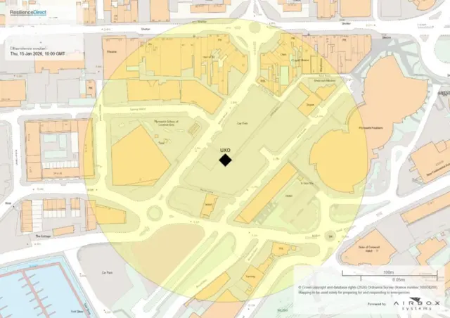 A map showing the cordoned off area in Plymouth. A yellow circle maps out the affected areas.