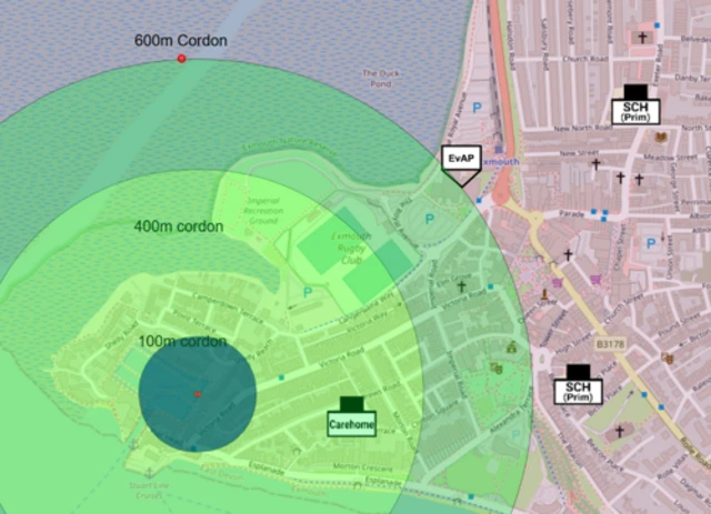 An image of a map with different shades of green. There is a darker green showing a 100m cordon, a neon green showing the 400m cordon and a light green showing the 600m cordon.