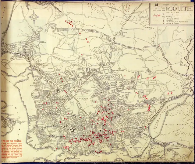 An old map showing the city of Plymouth with red dots indicating devices dropped on the city.