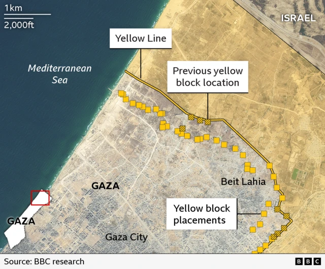 Map of Gaza showing yellow line and row of blocks placed inside by Israeli forces