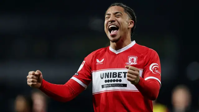 Samuel Silvera of Middlesbrough celebrates after victory in the Championship match against West Bromwich Albion