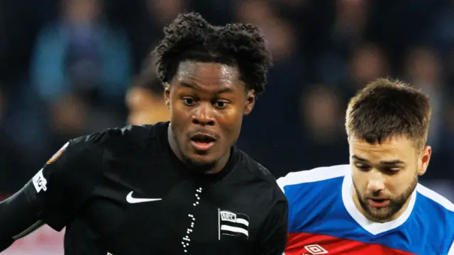 Tochi Chukwuani playing for Sturm Graz against Rangers