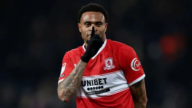 Delano Burgzorg of Middlesbrough celebrates scoring his team's third goal during the Championship match against West Bromwich Albion