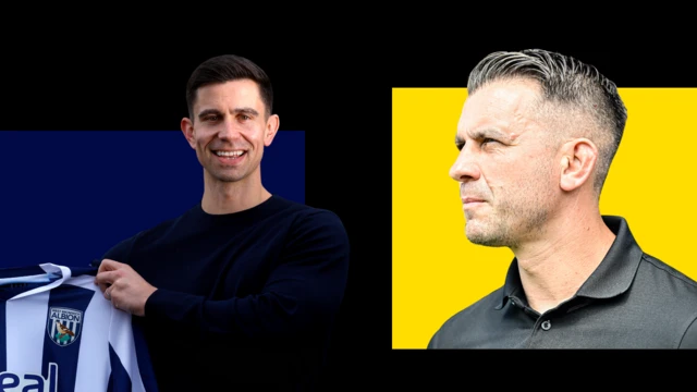 Side-by-side image of West Bromwich Albion boss Eric Ramsay smiling while holding up a Baggies home shirt against a dark blue background and a close-up of Matt Bloomfield wearing a grey polo top on a yellow background