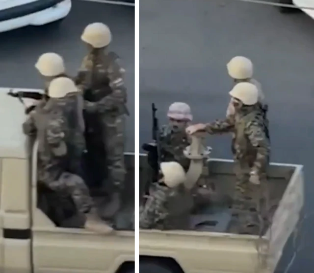 Two separate screenshots of a truck with paramilities wearing camouflage outfits, helmets and carrying guns