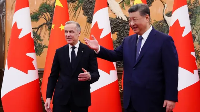 Carney and Xi smile and gesture
