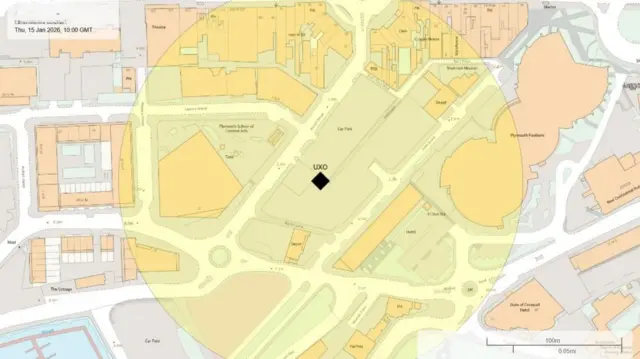 A map showing the area cordoned off from the public in Plymouth