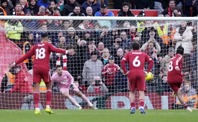 Liverpool's Dominik Szoboszlai misses a penalty during the Premier League match at Anfield, Liverpool.